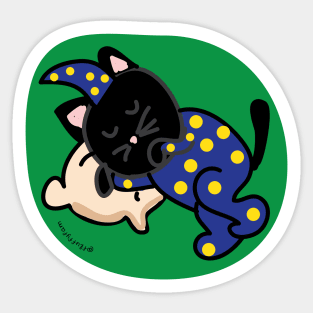 Black cat sleeping in blue pajama Sticker